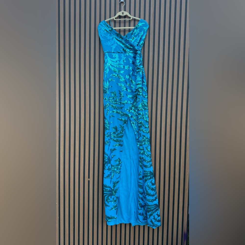 Fashion Nova Aqua Sequin Maxi Dress